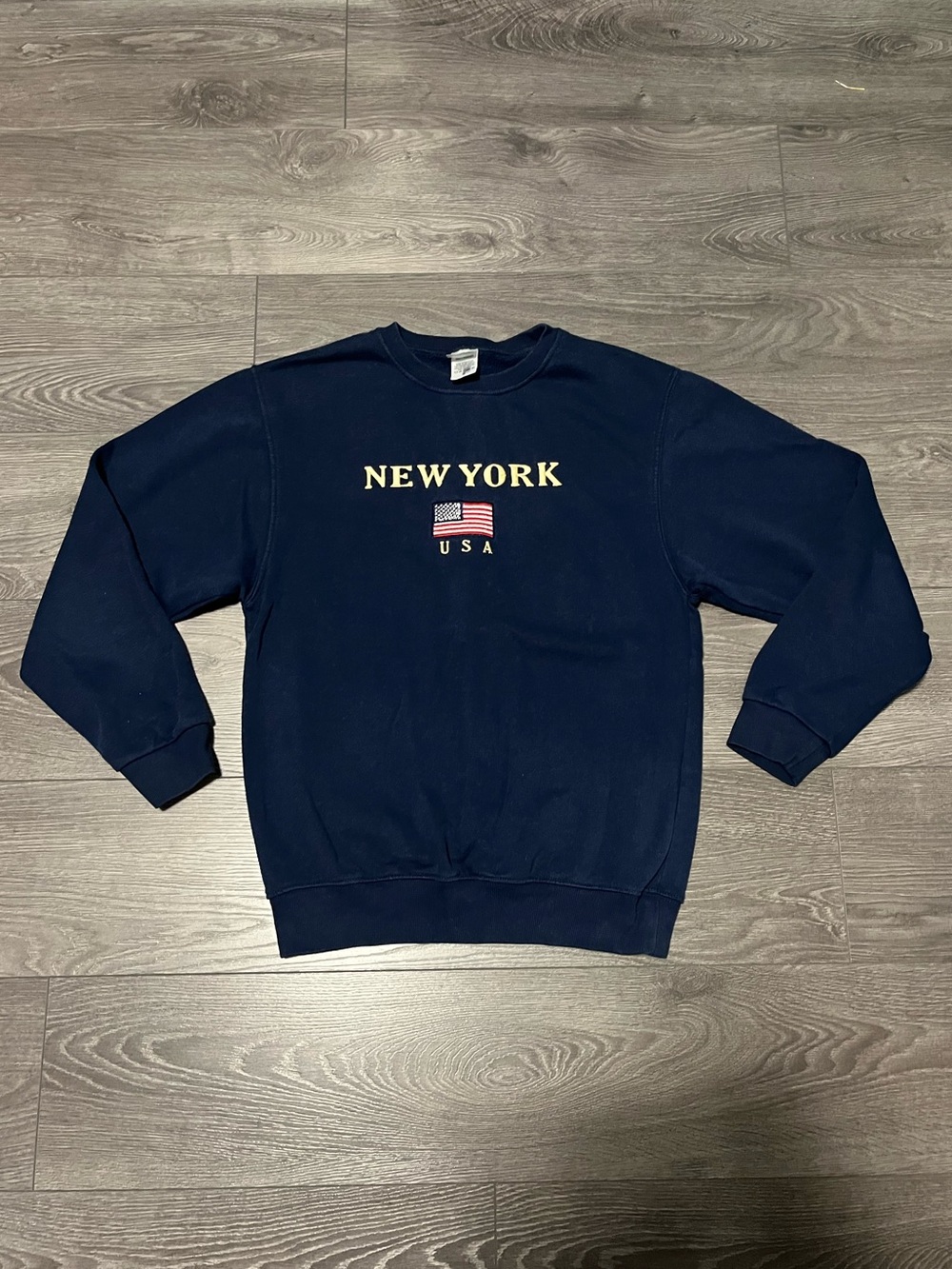 Vintage Navy Crewneck Sweatshirt with NEW YORK and USA Flag Embroidery